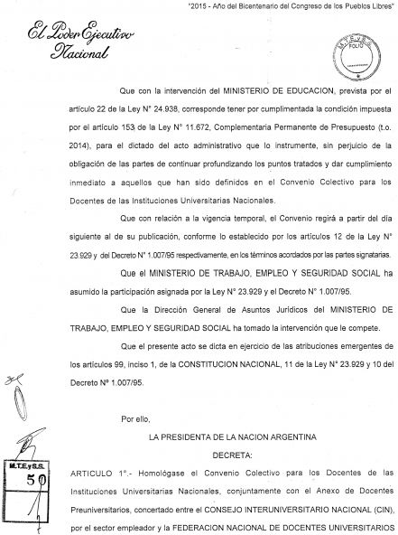 PRIMER CONVENIO COLECTIVO DE TRABAJO PARA LOS 150 MIL DOCENTES UNIVERSITARIOS