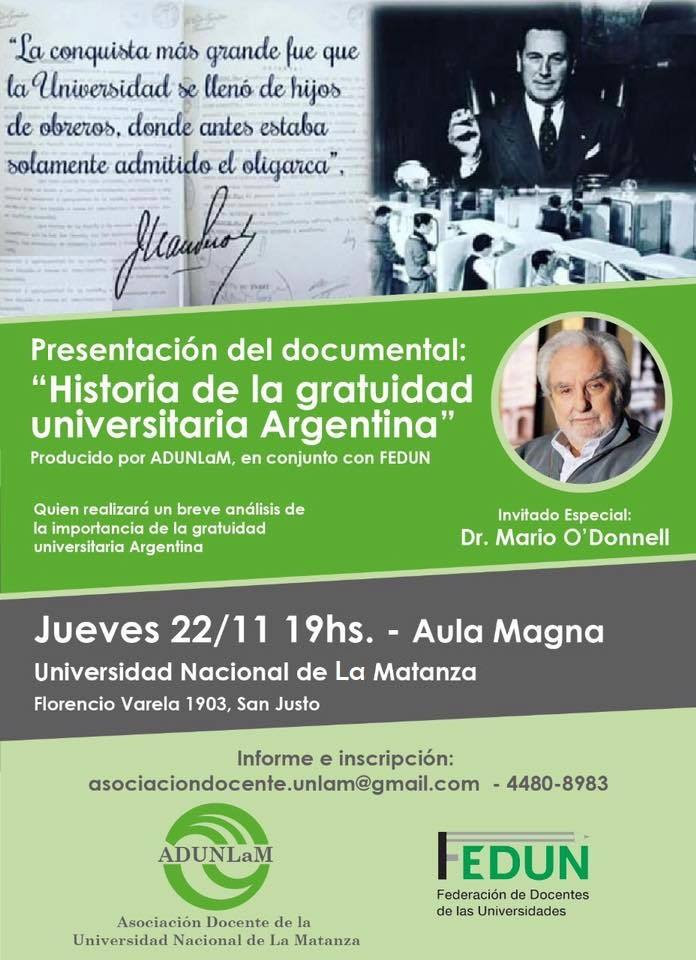 PRESENTACIÓN DEL DOCUMENTAL «HISTORIA DE LA GRATUIDAD UNIVERSITARIA ARGENTINA» PRODUCIDO POR ADUNLAM