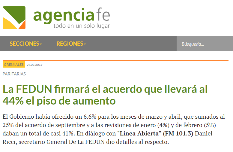 agenciafe | La FEDUN firmará el acuerdo que llevará al 44% el piso de aumento