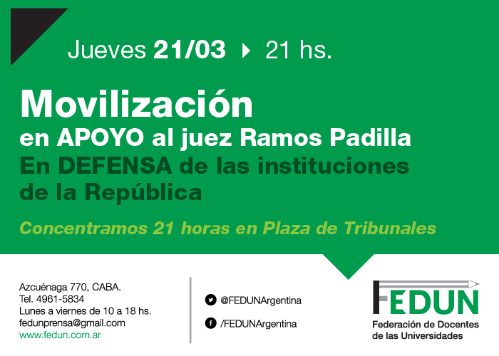 Movilización en apoyo al juez Ramos Padilla 21/03 21 hs.